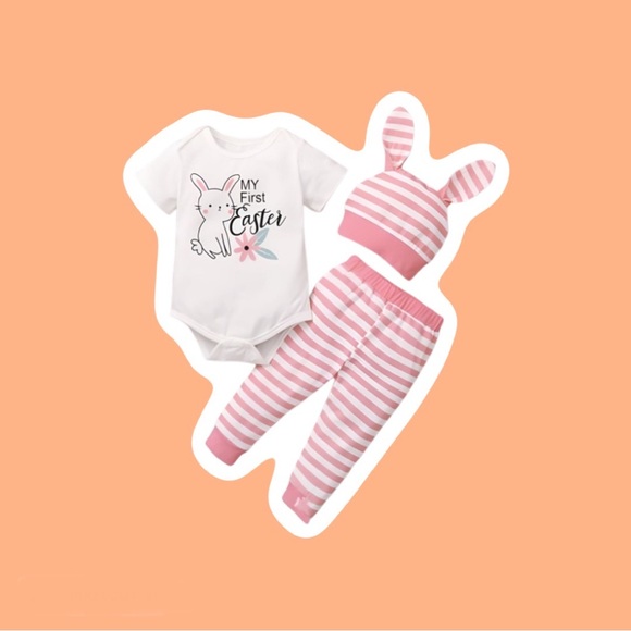 New Easter print rabbit romper three piece 2 colors - Picture 1 of 4